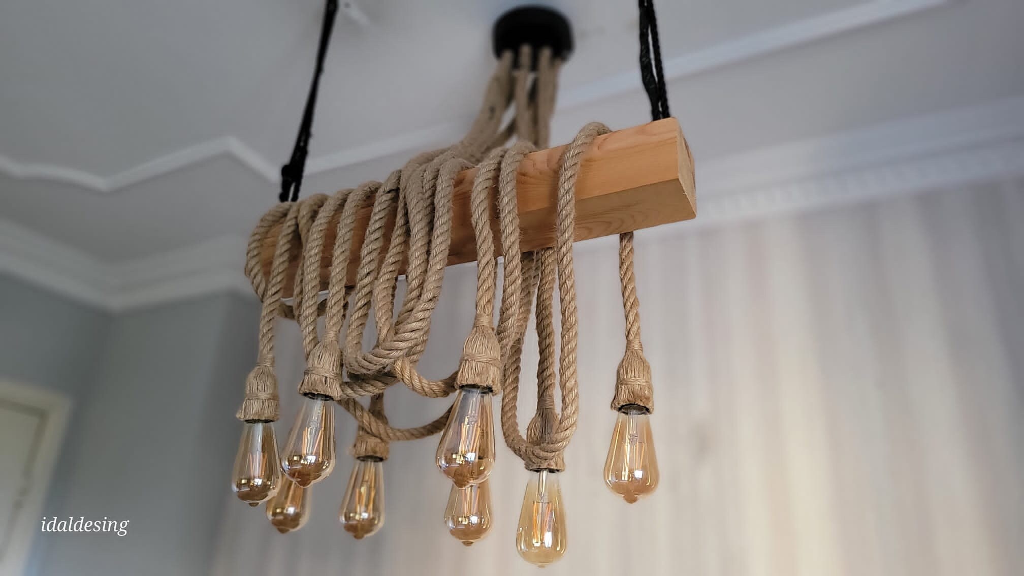 Eglo Rope Rustic Wood Beam Rope Chandelier Light Fixture Authentic - Etsy