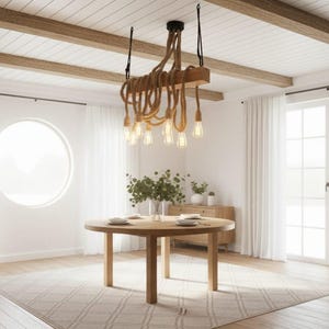 Lineaire houten kroonluchter, keukeneilandverlichting, rustieke eettafellamp, hanglamp met 8 koorden