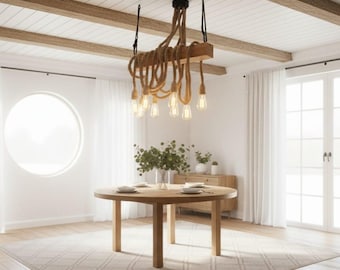 Linear Wood Chandelier, Kitchen Island Lighting, Rustic Dining Table Lamp, 8-Rope Pendant Light Fixture