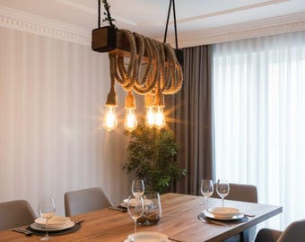 Lámpara de araña moderna de madera rústica, luz industrial, lámpara de 4 brazos, iluminación de cocina y bar estilo rústico.