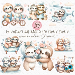 Valentinstag Baby Faultier Paar Aquarell Clipart, niedliches Faultier Png, Clipart für Geburtstagseinladungskarte, DIY Element, Valentines Clipart