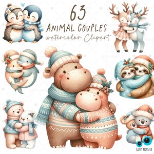 Clipart de aquarela de casais de animais, Natal de inverno de animais, floresta de animais, elemento DIY, álbum de recortes, clipart de férias, download digital