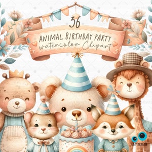 Clipart aquarelle de fête d'anniversaire animal, animaux Png, clipart pour carte d'invitation d'anniversaire, élément de bricolage, clipart anniversaire, cadeau de baby shower