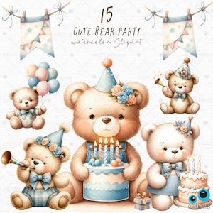 Clipart de aquarela de festa de urso, tema de festa de aniversário de urso fofo, urso png, clipart para cartão de convite de aniversário, elemento DIY, clipart de aniversário