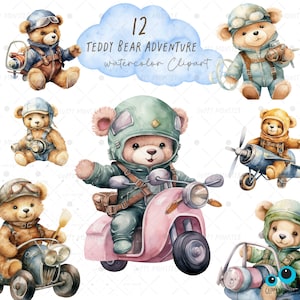 Cute Teddy Bear Watercolor Clipart, TeddyBear Pilot, Moto, Aniversário Parabéns Cartões de Chá de Bebê, Elemento DIY, Scrapbooking