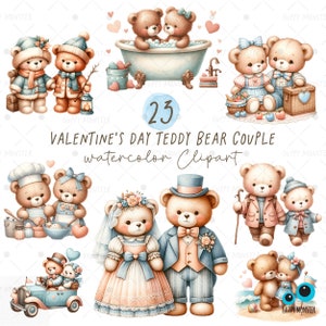 Valentinstag Teddybär Paar Aquarell Clipart, Süßer Bär Png, Clipart Für Geburtstagseinladungskarte, DIY Element, Valentinstag Clipart