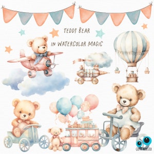 Bonito ursinho de pelúcia brinquedos para berçário aquarela clipart, aniversário parabéns cartões de chá de bebê, elemento DIY, scrapbooking, artesanato DIY