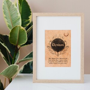Elysium - Vintage Wortschatzkarte. Kunstdruck Statement Poster für Hexen und Druiden, griechische Mythologie, Reich der Seligen, Totenreich