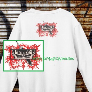 May include: White sweatshirt featuring embroidered anime-style artwork. The design includes a character's face with a sword, framed in red, and the text "RetroMagicNeedles". The back of the sweatshirt has a similar design.