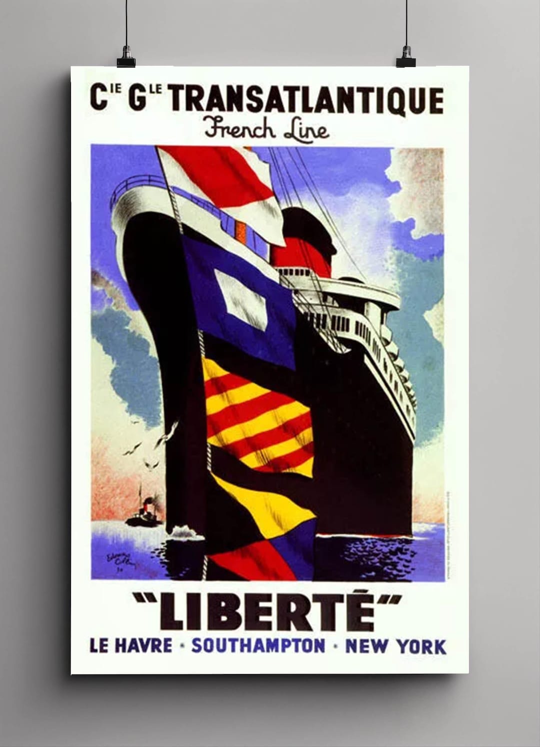 Vintage French Line Poster: Paris, Le Havre, New York Travel Art (12x18 Print) - Israel