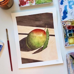 Original Watercolor Mango Painting – 8x10 Fruit Wall Art, Fruit Kitchen Decor, Still Life Watercolor
