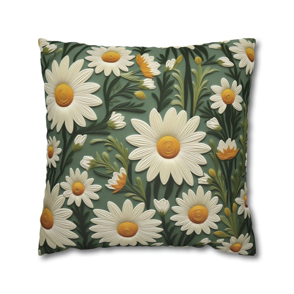 PILLOW CASE Whimsical Daisy Faux Embroidery, Spring Green Floral For Farmhouse, Cottagecore, Shabby Chic Decor, Premium Pillow CASE