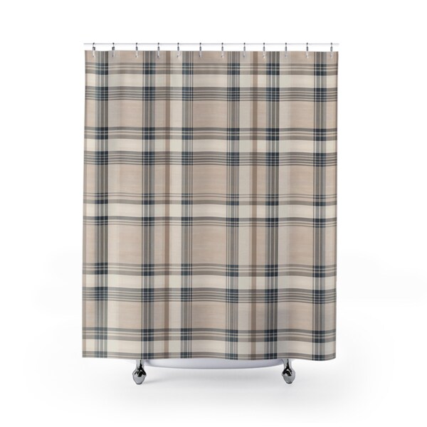 Beaumont Style Plaid Brown & Blue, Farmhouse Decor, Fabric Shower Curtain