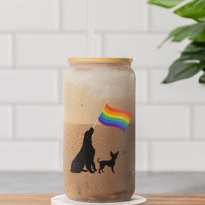 Rainbow Pride Sipper Glass: LGBTQ+ Dog Design, 16oz Tumbler