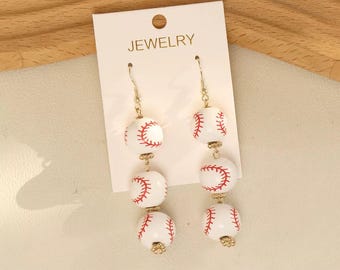 1 pair Baseball Beaded Design Drop Earrings, Cute Sports Style Wooden Jewelry, Lightweight Gift For Women