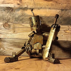 Handmade Sword Robot Sculpture: Metal Bookend, Plant Pot Holder