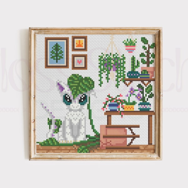 House Dragon Cross Stitch Pattern | Houseplant Havoc | Plant Cross Stitch Pattern | Pet Dragon | Fantasy | Dragons & Plants | Cute Pattern