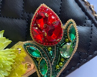 Handmade Tulip Brooch: Red Crystal & Bead Flower Pin