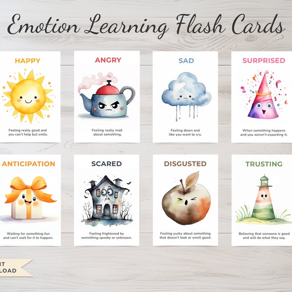 Emotion Learning Flash Cards for Teaching Emotional Understanding, Educational Printable. Download Instantly and Print at Home.