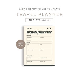 Puede incluir: Una plantilla de planificador de viajes imprimible con secciones para información general, presupuesto e información adicional. La plantilla tiene un fondo beige con texto negro y estrellas.