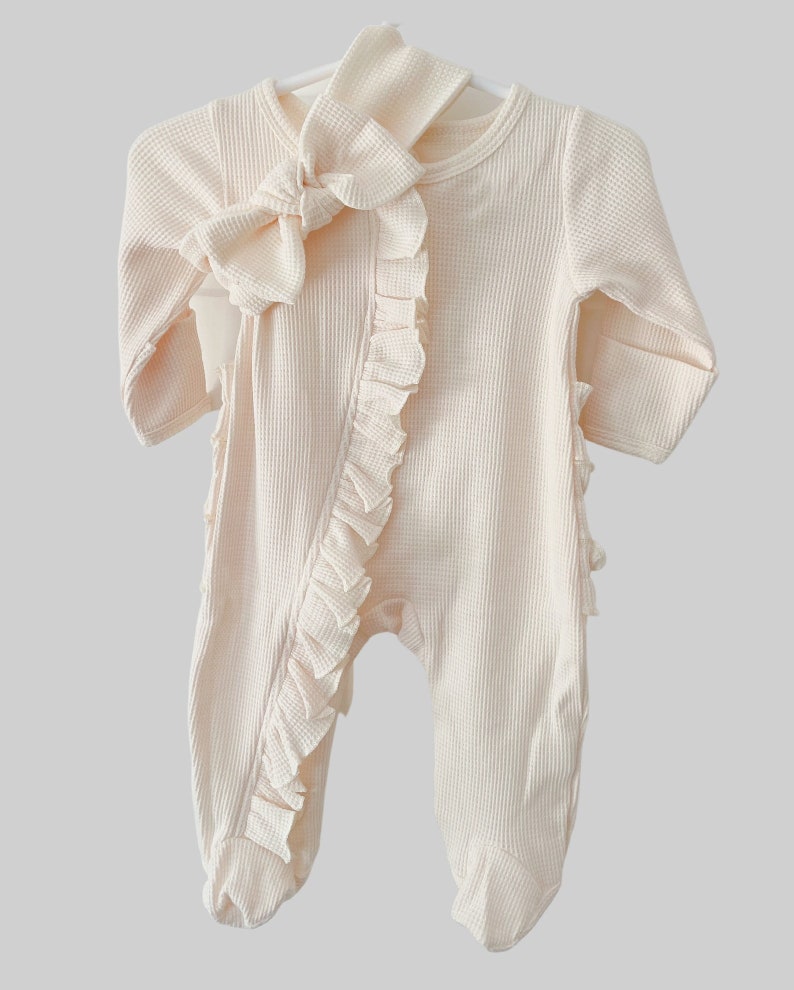 Newborn Waffle Knit Ruffled Footie With Bow Hospital Outfit Etsy