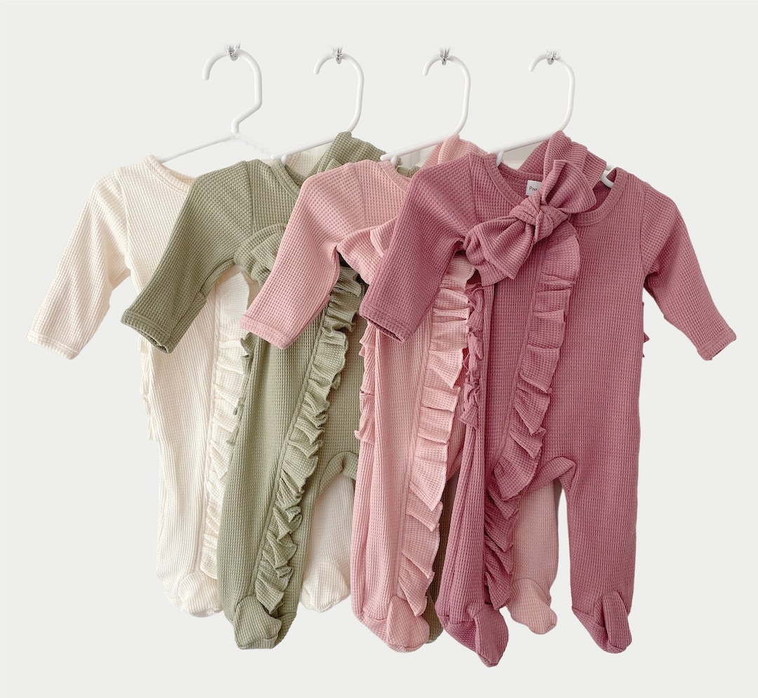 Newborn Waffle Knit Ruffled Footie With Bow Hospital Outfit Etsy