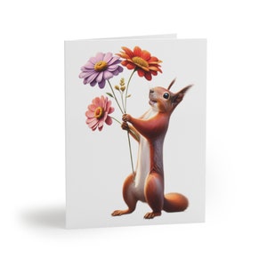 Kerstkaarten, (8-16-24 stuks) vriendschap en liefde, GRATIS VERZENDING, dierenkunst, eekhoorn met boeket