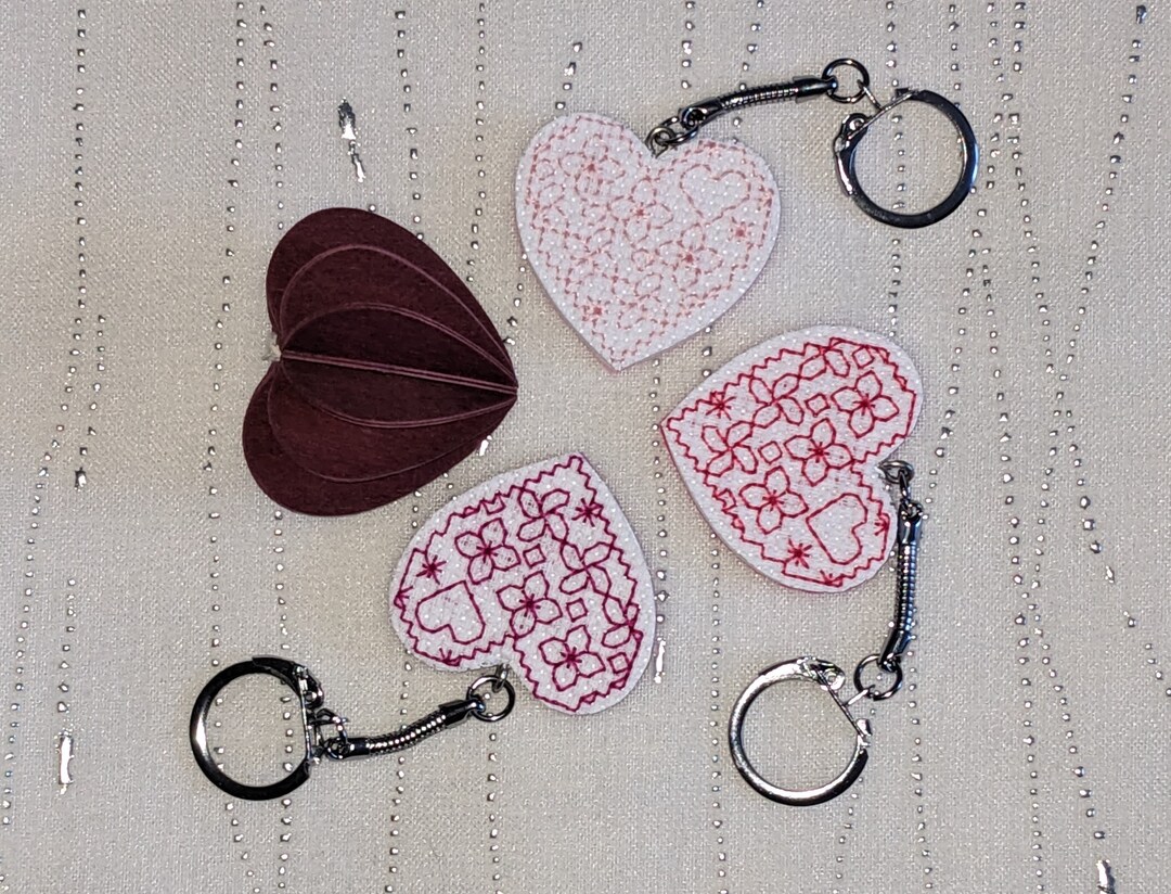 Small Heart Key Ring Embroidered Marshmallow Pink / Bougainvillea ...