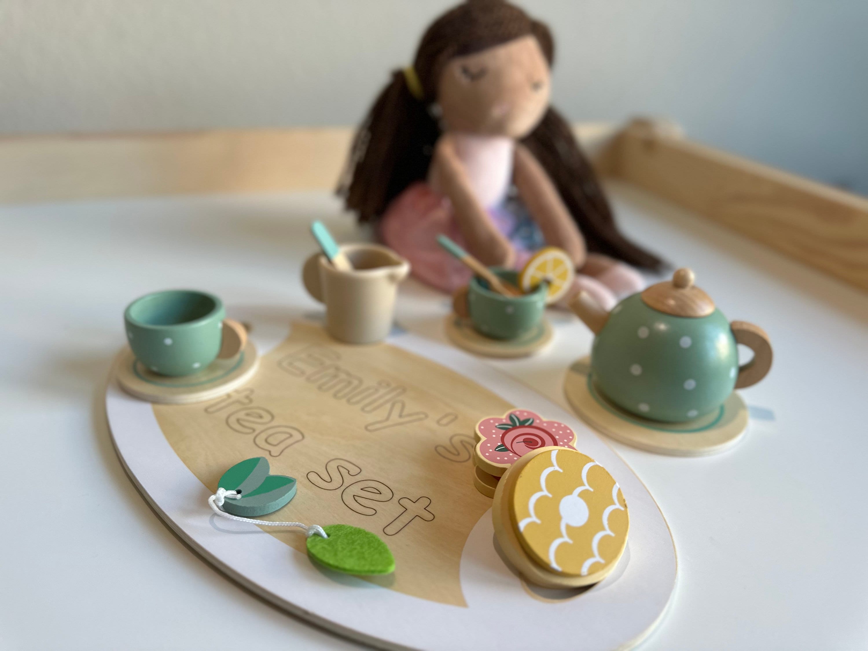 PairPear Wooden Toy Tea Set for Toddler Tea Party with Play Food