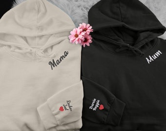 Custom Embroidered Mama Hoodie, Personalized Kids Names on Sleeves Matching Hoodie, Customised Initial Heart Mom Hoodie, Grandmother Gifts