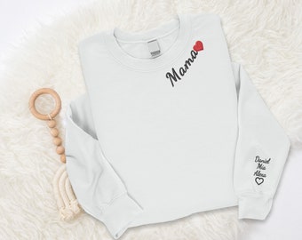 Embroidered Mama Heart Sweatshirt, Custom Kids Name on Sleeve Crewneck Sweater, Personalized Mom Crewneck Sweater, Special Mother Day Gifts