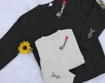 Custom Embroidered Mama Sweatshirt, Personalized Kids Name on Sleeve Sweater, Customised Mum Est Date Minimalist Sweater, Mother Day Present