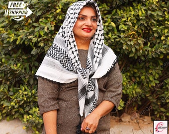 Palestine Black on White Kufiya, Traditional Palestinian Keffiyeh, Arab Style Shemagh Keffiyeh Scarf, Cotton Head & Neck Wrap with Tassels