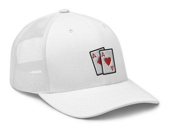 Pocket Aces Poker Trucker Hat-- Ace of Diamonds & Ace of Hearts -- Gifts for Poker Players, Casino Trips, Playing Card Games, Gifts for Him