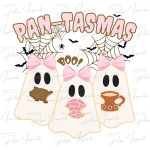 May include: Three white ghosts with pink bows and black eyes. The ghosts are holding a brown pig, a pink pastry, and a brown mug with a floral design. The text "PAN-TASMAS" and "BOO!" are written in brown and pink letters.
