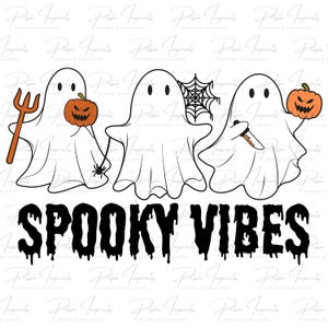 May include: A Halloween graphic with three white ghost figures, each with black eyes. One ghost holds a pitchfork and a pumpkin, another has a spider web, and the third holds a knife and a pumpkin. The text "SPOOKY VIBES" is below the ghosts.