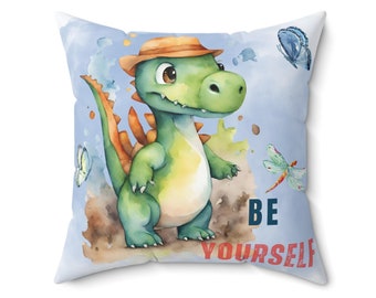 Housse de coussin pour chambre de bébé, garçon, taie d'oreiller avec citation dinosaure Soyez vous-même, soyez gentil, oreiller carré en polyester filé