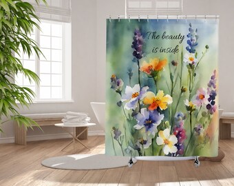 Peinture à l'aquarelle rideau de douche fleurs sauvages avec citation La beauté est à l'intérieur rideau de douche photo sur l'amour de soi pour salle de bain Excellente idée cadeau