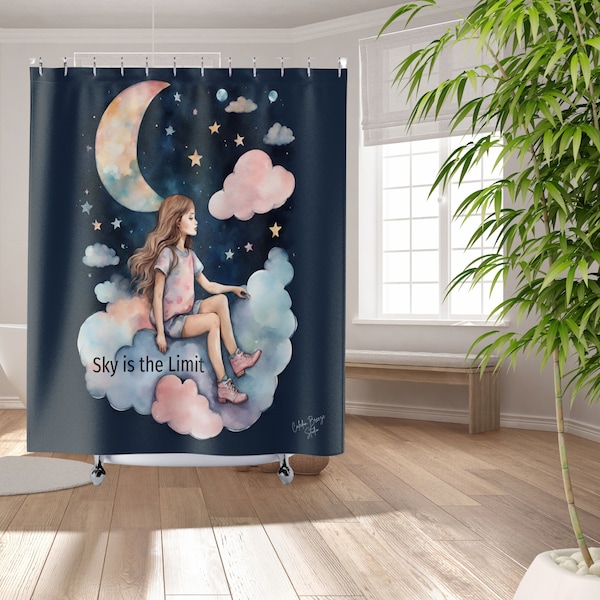 Watercolor Dreamer Shower Curtain for Kids with quote Sky is The Limit photo shower curtain for Children bathroom Great gift idea Backdrop