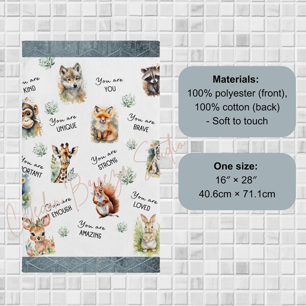 Jungle Animals photo Hand Towel with affirmations for Children Selflove Self-Care Bathroom Towel Gift for your child Bathroom positive quote