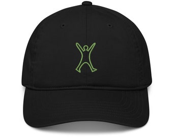 May include: A black baseball cap featuring an embroidered lime green line art graphic of a person with arms and legs outstretched in a jumping position centered on the front panel of the crown, with a curved brim and a button on top.