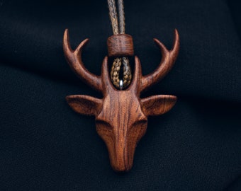 Deer Wooden Pendant, Animal Necklace, Elk Jewelry, Hunter Gift, Deer Head Jewellery, Horn Necklace