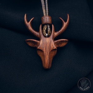 Deer Wooden Pendant, Animal Necklace, Elk Jewelry, Hunter Gift, Deer Head Jewellery, Horn Necklace