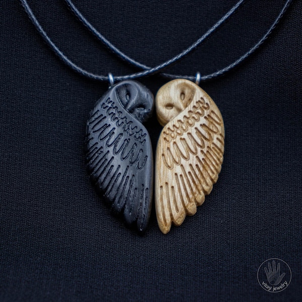 Colgante de búho de madera para pareja, collar de búho de roble y fresno, joyería de madera, collar de pareja, joyería a juego, regalo para enamorados.