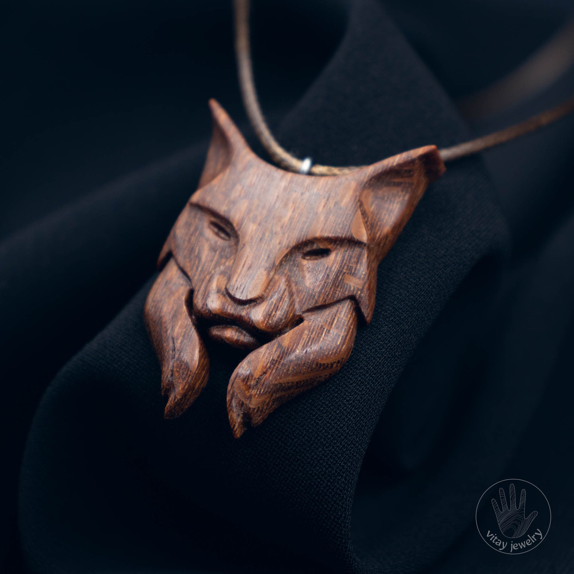 Lynx Wooden Necklace, Animal Totem Pendant, Lynx Head Shaped Jewellery