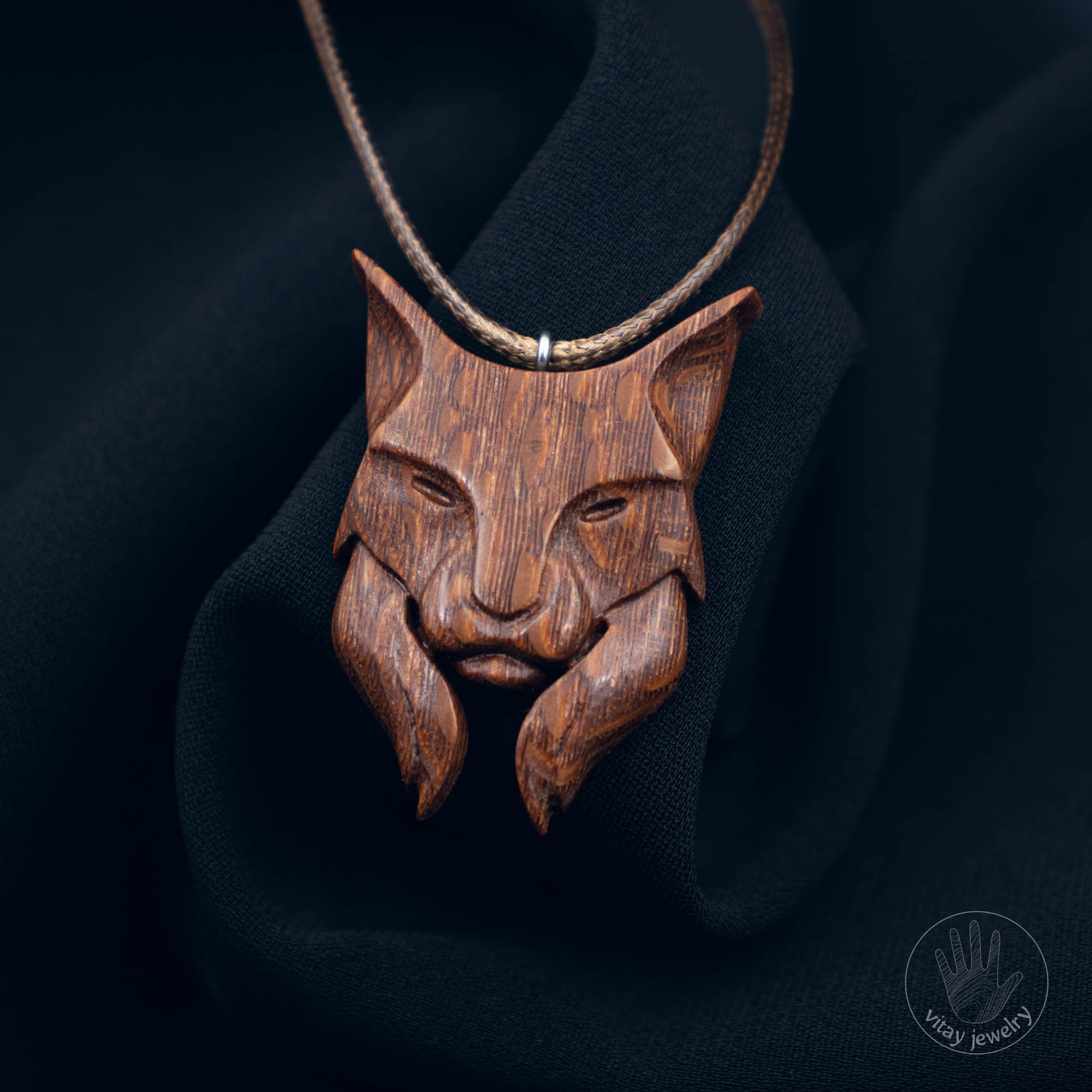 Lynx Wooden Necklace, Animal Totem Pendant, Lynx Head Shaped Jewellery
