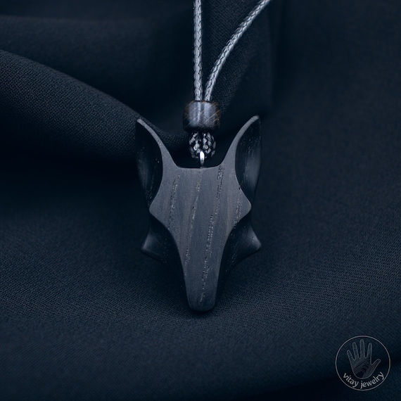 Wolf Head Pendant - Bog Oak Minimalist, Black Wolf Necklace, Wood Jewelry