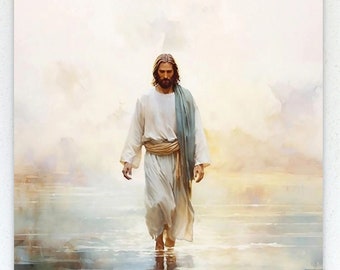 Jesus Christ Walking on Water, Christian Art, Digital Jesus Portrait, I Will Walk With Christ LDS, Jesus Oil Painting, Bible Verse Wall Art