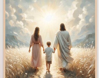 Passeggiata in famiglia, Arte cristiana moderna, Gesù con donna e bambino, Immagine di Gesù, Arte cattolica, Arte murale della Bibbia, Gesù con bambino, Arte murale di Gesù