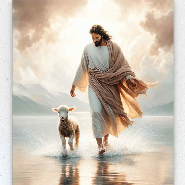 Shared Miracle, Jesus and Lamb, Christian Painting, Jesus Walking on Water, Jesus Leaves the 99, Christ Saves Lamb, Digital Art, Faith Art